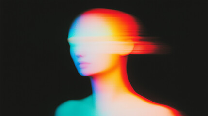 Obraz premium Abstract surreal human figure blending with soft, diffused colors on a black background. Ethereal depiction of a faceless figure rendered in teal, blue, pink, and orange tones. Dreamy and otherworldly