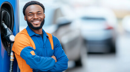 Cheerful gas station attendant in bright uniform with arms crossed, smiling warmly beside a fuel pump, showcasing customer service and positivity outdoors at a vehicle refueling area.