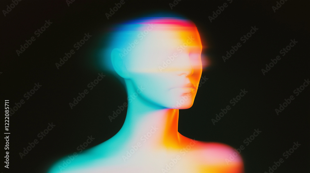 Poster abstract surreal human figure blending with soft, diffused colors on a black background. ethereal de