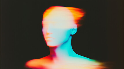 Obraz premium Abstract surreal human figure blending with soft, diffused colors on a black background. Ethereal depiction of a faceless figure rendered in teal, blue, pink, and orange tones. Dreamy and otherworldly