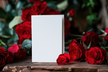 Elegant Blank Card Surrounded by Fresh Red Roses and Green Leaves