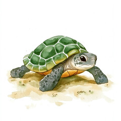 Fototapeta premium Minimalist Image of a Turtle Crawling on Soft Sand Isolated Against a Clean Background Perfect for Nature and Wildlife Themes Evoking Calmness and Serenity in a Simple Composition