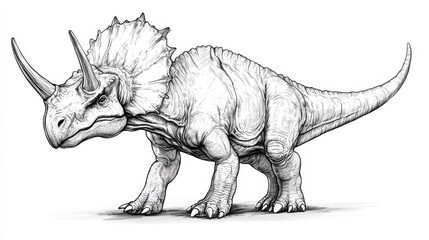 Fototapeta premium Realistic Illustration of a Triceratops Dinosaur in Detailed Line Art