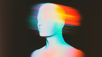 Obraz premium Abstract surreal human figure blending with soft, diffused colors on a black background. Ethereal depiction of a faceless figure rendered in teal, blue, pink, and orange tones. Dreamy and otherworldly