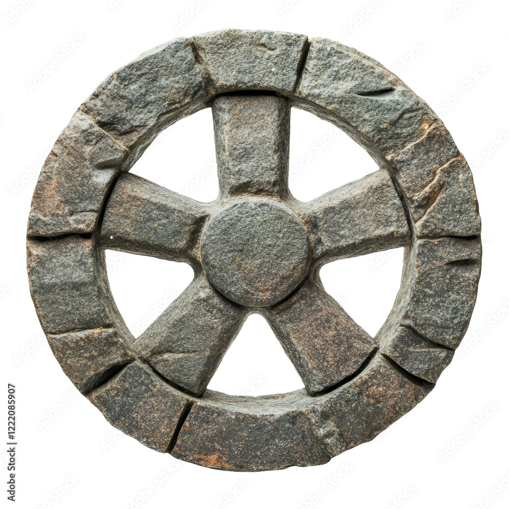Poster a detailed close-up of an ancient stone wheel design carved from granite, showing intricate details 