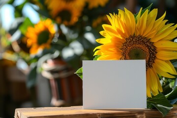 Bright Sunflower with Blank Card for Message in Floral Setting