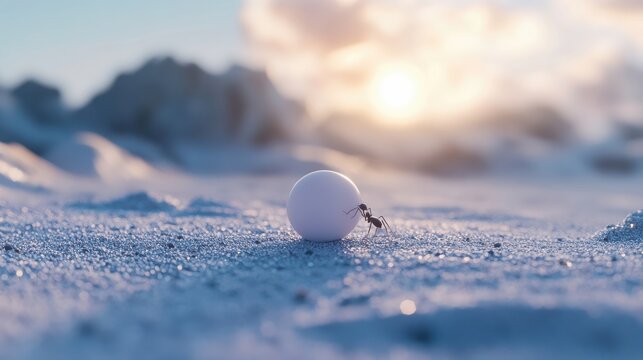Ant Exploring White Egg on Sand at Sunrise with Soft Background Light