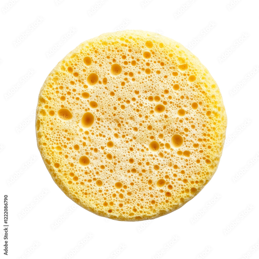 Aufkleber a close-up image shows a round yellow bath sponge with many small holes across its surface.