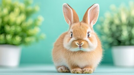 Obraz premium Cute bunny rabbit posing, spring flowers background, Easter card