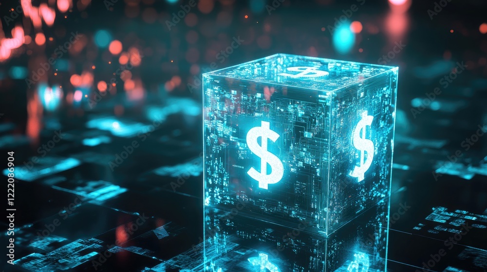 Poster a cubic pedestal with holographic currency symbols glowing above it, illustrating the intersection o