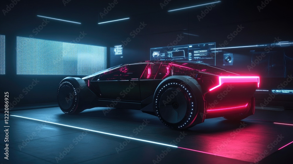 Aufkleber a cutting-edge electric vehicle with neon-lit battery pack, surrounded by a dynamic holographic disp