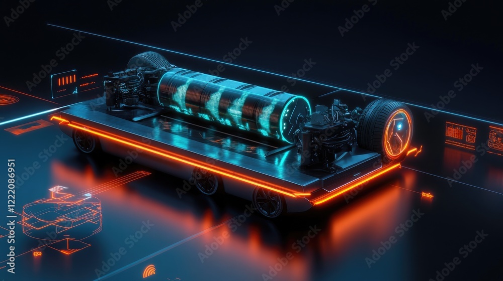 Poster A cutting-edge electric vehicle with neon-lit battery pack, surrounded by a dynamic holographic display of performance metrics and energy levels