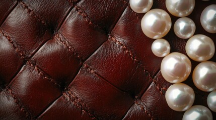 A delicate composition of white pearls on a rich reddish-brown leather backdrop, with soft-focus highlighting their classic beauty, offering a refined and elegant feel with room for text