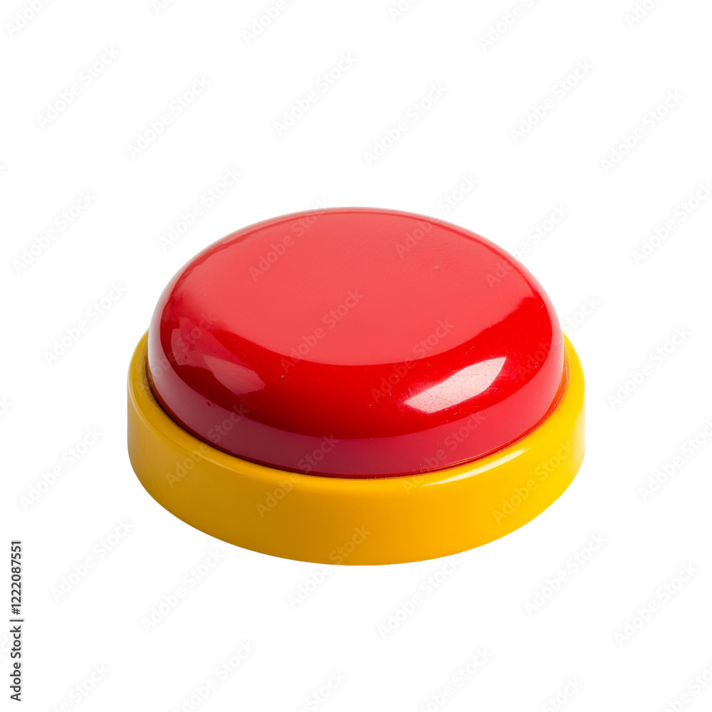 Poster The image shows a red and yellow push button against a black background.