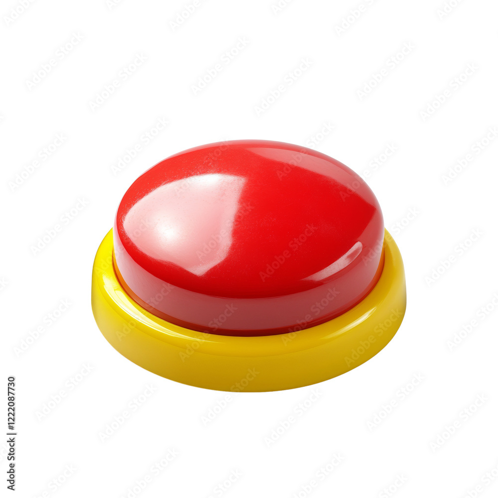 Poster a single, large red push button with a yellow base is shown against a black backdrop.