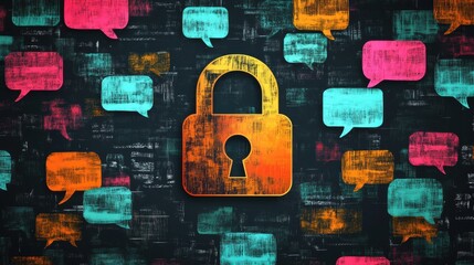 Padlock icon amidst colorful speech bubbles on dark background. Illustrates online privacy and secure communication.
