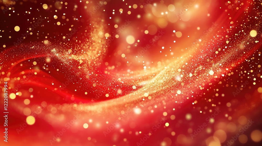 Poster A dynamic red liquid with golden sparkles swirling in an abstract, galaxy-like pattern, producing a stunning and vivid visual experience