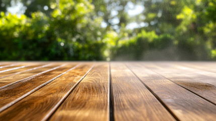 Shiny wooden deck floor with blurry greenery background under sunlight, perfect for outdoor lifestyle concepts