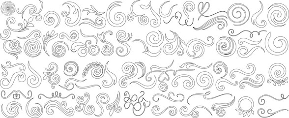 Decorative swirl, spiral, floral, filigree, vintage, ornate, curvy vector set. Hand drawn doodle elements for border, divider, pattern, tattoo, calligraphy, engraving, baroque, retro, Victorian design