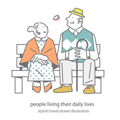 公園のベンチで休憩をするシニア夫婦　シンプルでお洒落な手描きイラスト