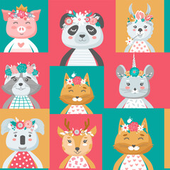 Obraz premium Cute animal seamless pattern. Panda, cat and deer in a flower crown. Vector illustration is suitable for printing on fabric and paper.