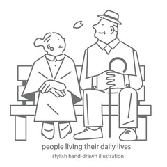 公園のベンチで休憩をするシニア夫婦　シンプルでお洒落な手描きイラスト