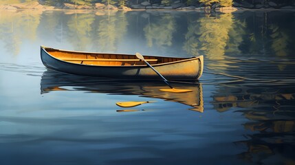 Kevlar canoe gently floating on a calm serene lake with perfect reflections of the surrounding natural landscape  An idyllic outdoor adventure scene perfect for travel recreation