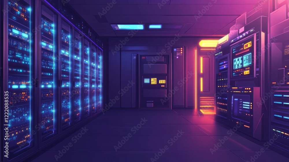 Leinwandbilder A futuristic data center featuring glowing server racks and visible cybersecurity activity. The right side is left blank, ideal for inserting text or additional graphics