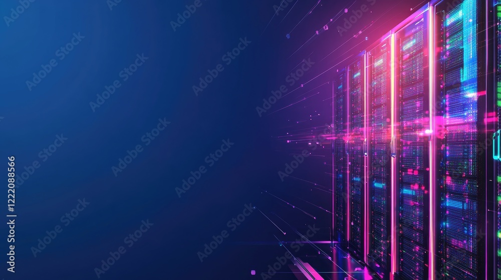 Poster A futuristic data center featuring glowing server racks and visible cybersecurity activity. The right side is left blank, ideal for inserting text or additional graphics