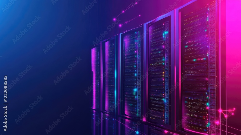 Aufkleber A futuristic data center featuring glowing server racks and visible cybersecurity activity. The right side is left blank, ideal for inserting text or additional graphics