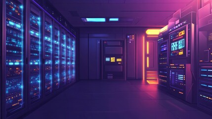 A futuristic data center featuring glowing server racks and visible cybersecurity activity. The right side is left blank, ideal for inserting text or additional graphics