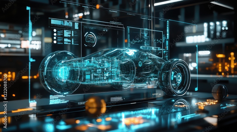 Poster A futuristic holographic display showing a 3D model of a sport car energy system with advanced components and data streams, symbolizing innovation and efficiency
