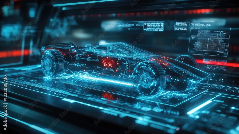 Poster A futuristic holographic display showing a 3D model of a sport car energy system with advanced components and data streams, symbolizing innovation and efficiency