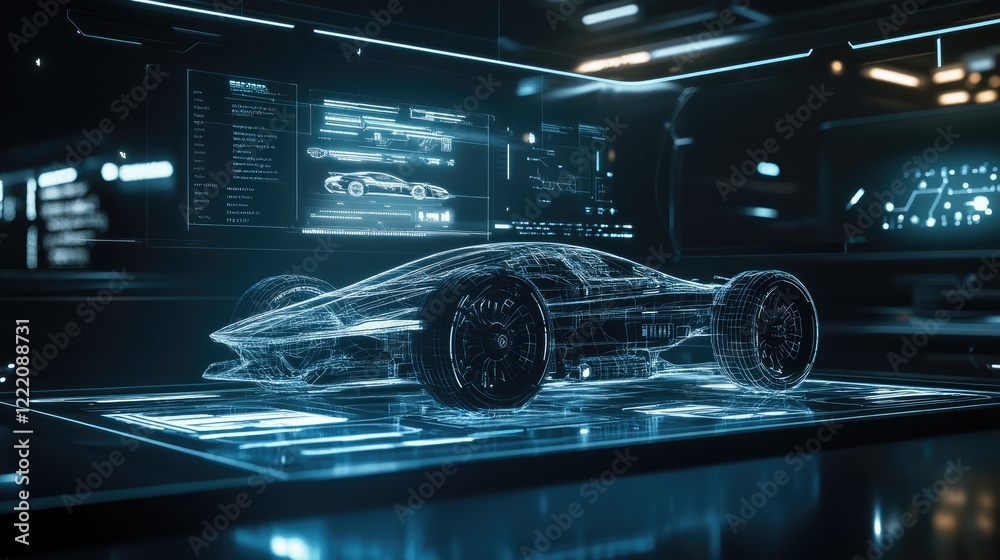 Aufkleber A futuristic holographic display showing a 3D model of a sport car energy system with advanced components and data streams, symbolizing innovation and efficiency