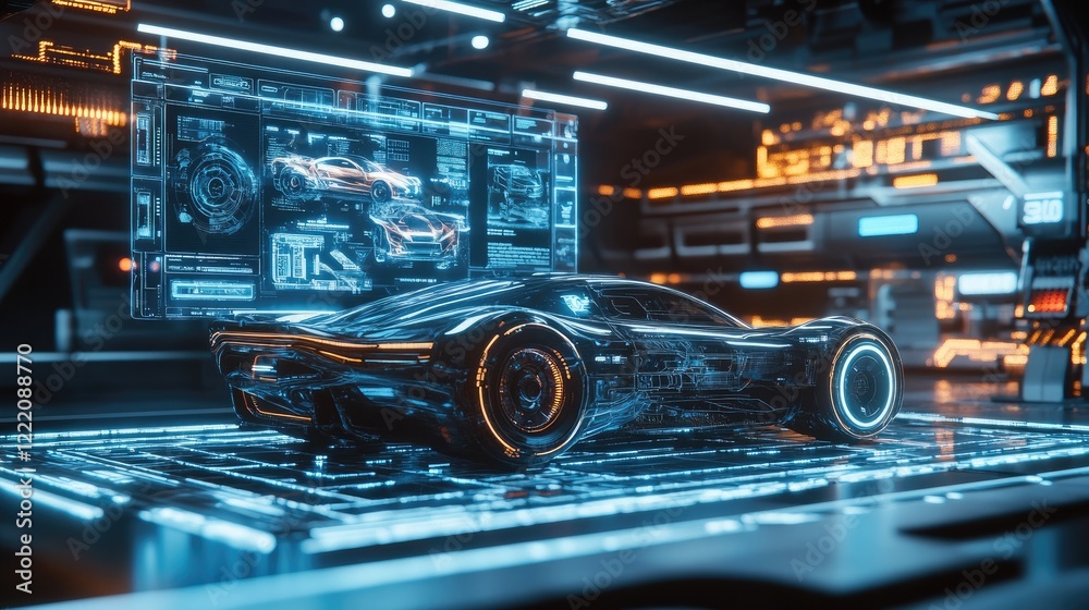 Poster A futuristic holographic display showing a 3D model of a sport car energy system with advanced components and data streams, symbolizing innovation and efficiency
