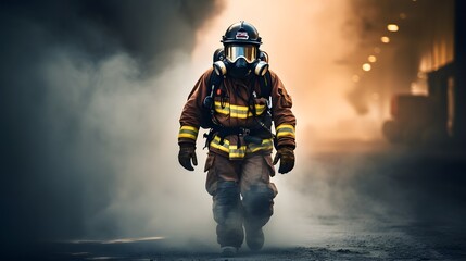 Courageous firefighter in full Kevlar protective equipment traversing through a smoke filled area during an emergency rescue The image captures the bravery and critical role of these first responders