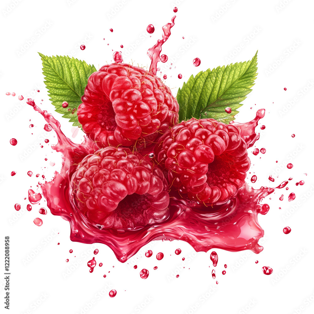 Poster three ripe raspberries burst with juice creating a vibrant splash against a black background.
