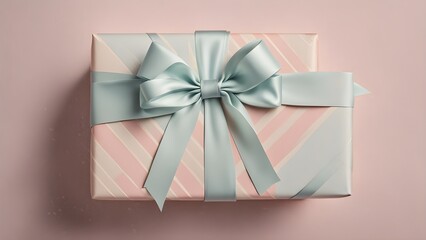 Pastel pink and blue gift box with a large satin bow, top view.