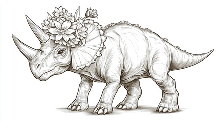 Whimsical Dinosaur with Floral Headpiece in Sketch Style
