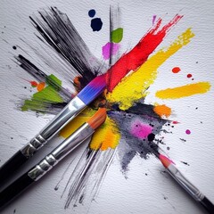 Obraz premium Abstract Watercolor Painting Colorful Brushes Artistic Explosion Creative Process Vivi