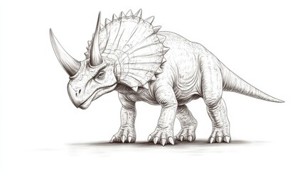 Detailed Gray Sketch of a Triceratops Dinosaur on White Background