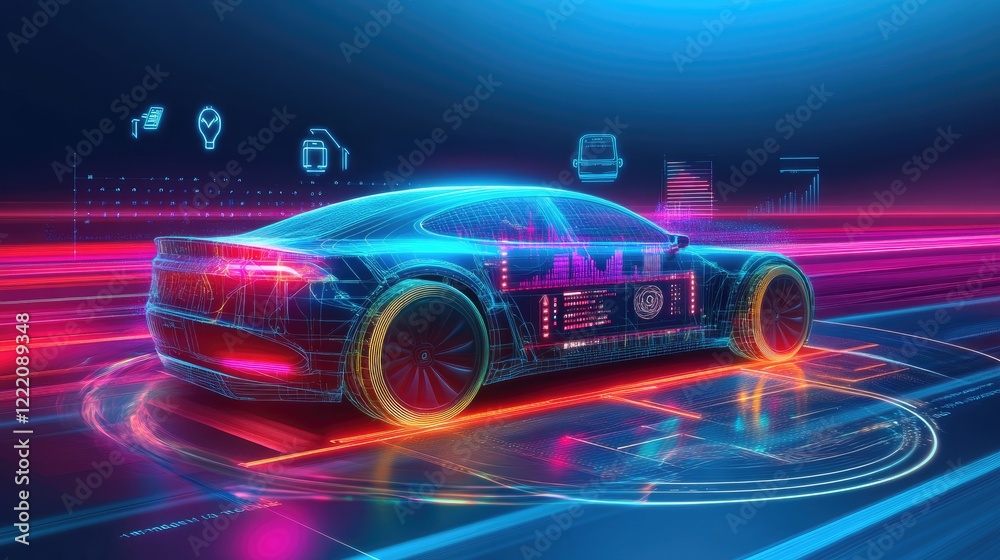 Poster a high-speed electric car on an illuminated circuit, surrounded by vibrant neon lights and holograph
