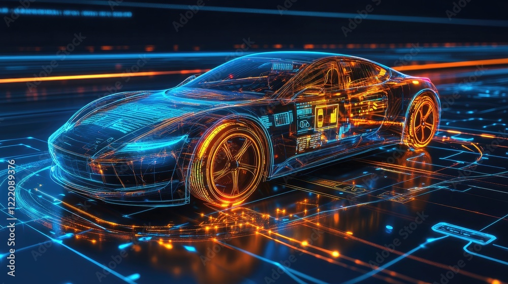Poster A high-speed electric car on an illuminated circuit, surrounded by vibrant neon lights and holographic digital displays showing key performance data