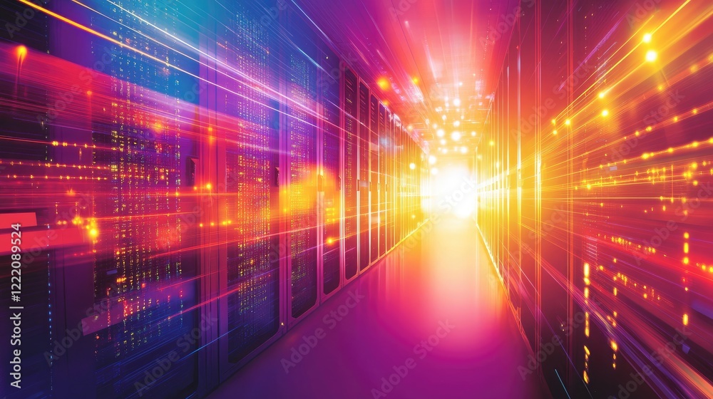Poster A high-tech data center with glowing server racks, illustrating active cybersecurity measures. Blank space on the right side allows room for additional text or graphic elements