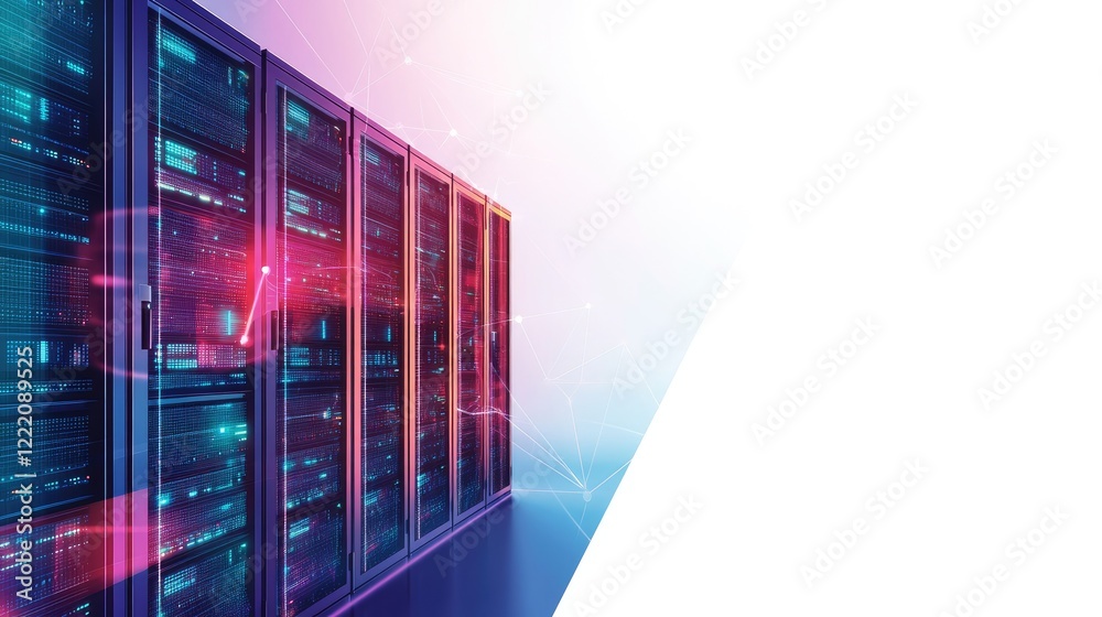 Poster A high-tech data center with glowing server racks, illustrating active cybersecurity measures. Blank space on the right side allows room for additional text or graphic elements