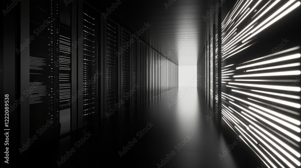 Poster A high-tech data center with glowing server racks, illustrating active cybersecurity measures. Blank space on the right side allows room for additional text or graphic elements