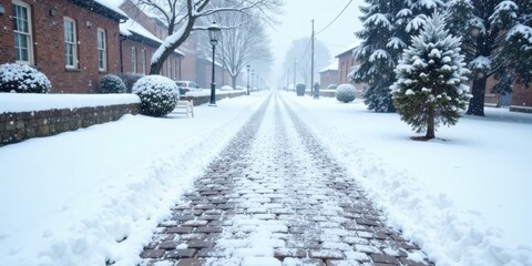 Serene Winter Scene Snow-Covered Cobblestone Path Leading Through a Snow-Dusted Residential Area with Evergreen Trees and Brick Buildings
