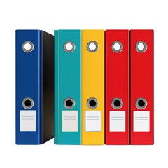 A row of colorful lever arch files in blue, teal, yellow, and red stand against a black background.