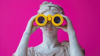 A marble Greek goddess holding vibrant yellow binoculars, with a bold pink backdrop, creating a striking contrast between classical art and playful modernity