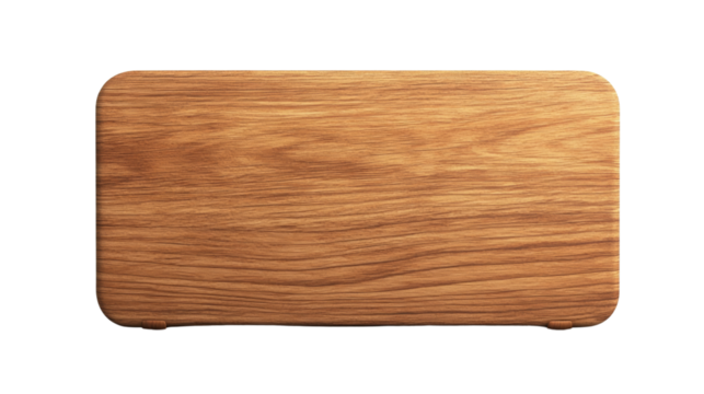 A close-up top view shows a rectangular wooden board with softly rounded corners and a visible wood grain.